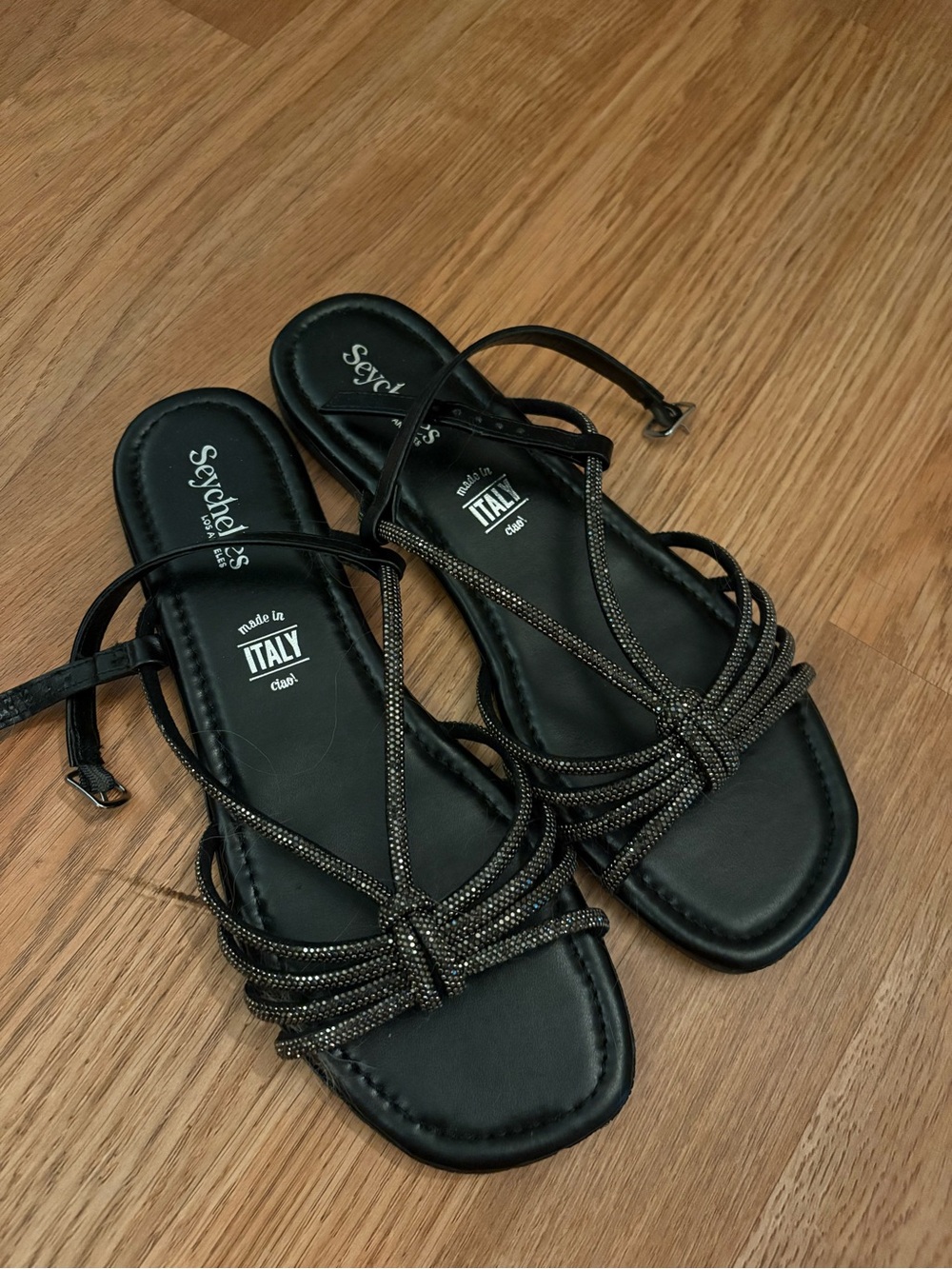 Seychelles Black Strappy Beaded Flat Sandals